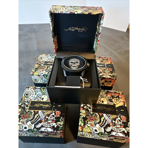 Ed Hardy Silver Skull Wristwatch New In Box Watch Black Silicone Band main image 5